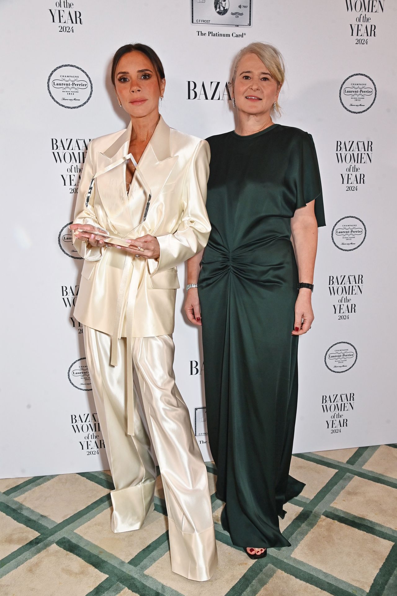 LONDON, ENGLAND - NOVEMBER 05: Victoria Beckham, winner of the Entrepreneur award, and Harper's Bazaar Editor-in-Chief Lydia Slater pose at the 2024 Harper's Bazaar Women of the Year Awards, held in partnership with The Platinum Card by American Express, at Claridges Hotel on November 5, 2024 in London, England. (Photo by Dave Benett/Getty Images for Harper's Bazaar UK)