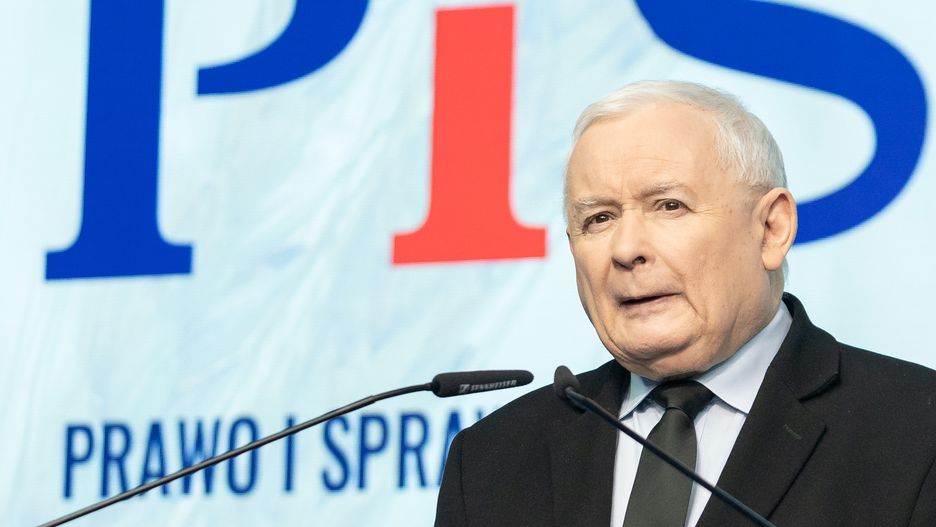 Jaroslaw Kaczynski, the leader of the Law and Justice party (PiS), is speaking during a press conference in Warsaw, Poland, on January 22, 2024. (Photo by Foto Olimpik/NurPhoto via Getty Images)