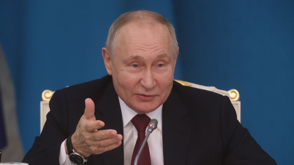 ASTANA, KAZAKHSTAN - NOVEMBER 9:  (RUSSIA OUT) Russian President Vladimir Putin speaks during Russian-Kazakh meeting at the Ak Orda Presidential Palace, November 9, 2023 in Astana, Kazakhstan. Russia's President Putin is having a one-day visit to Kazakhstan to take part in the annual Russian-Kazakh regional forum. (Photo by Contributor/Getty Images)