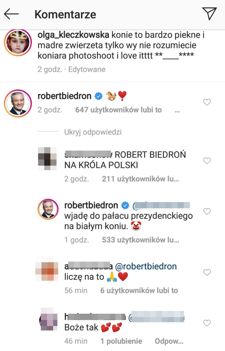 Komentarze Roberta Biedronia na Instagramie. 
