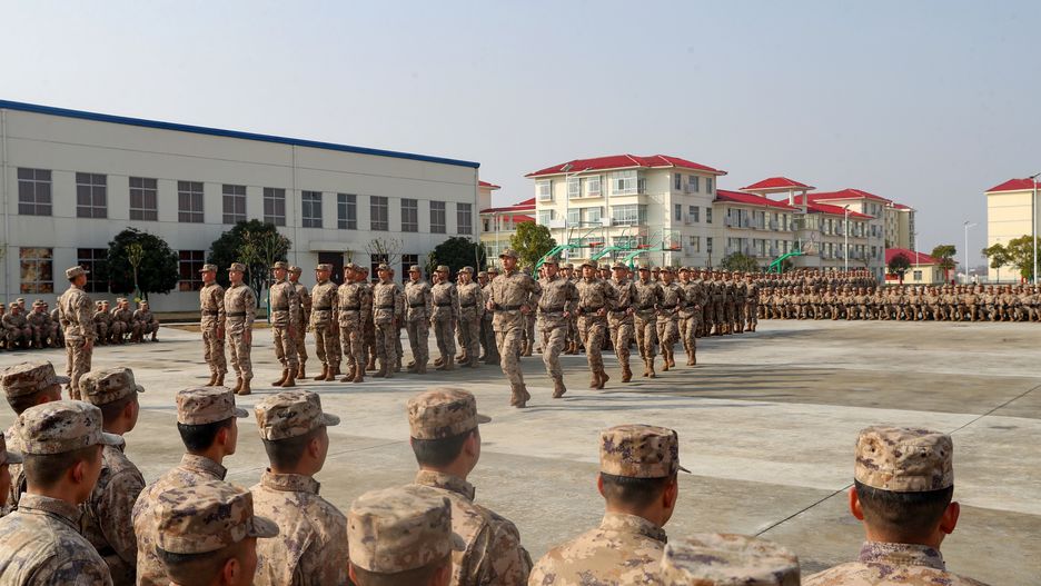 JIANGXI, CHINA - JANUARY 26, 2023 - A brigade of the 72nd Group Army held queue exercises, rules and regulations examination and other activities to test the officers and soldiers' queue literacy and knowledge of laws and regulations, and strengthen the regularized management of the army. January 26, 2023, Jiangxi Province, China. (Photo credit should read CFOTO/Future Publishing via Getty Images)