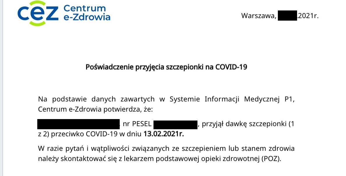 Poświadczenie przyjęcia szczepionki przez pana X w dniu 13.02