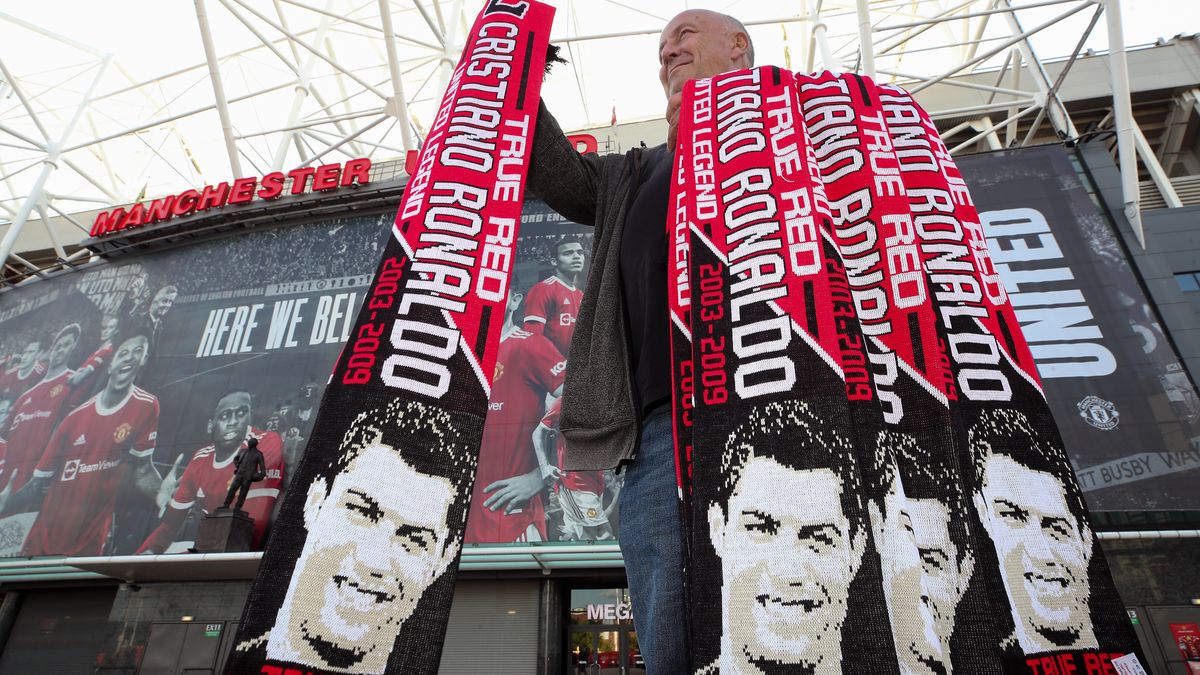 Cristiano Ronaldo scarves for sale outside of Old Trafford stadium, Manchester. Picture date: Saturday August 28, 2021. (Photo by Nick Potts/PA Images via Getty Images)