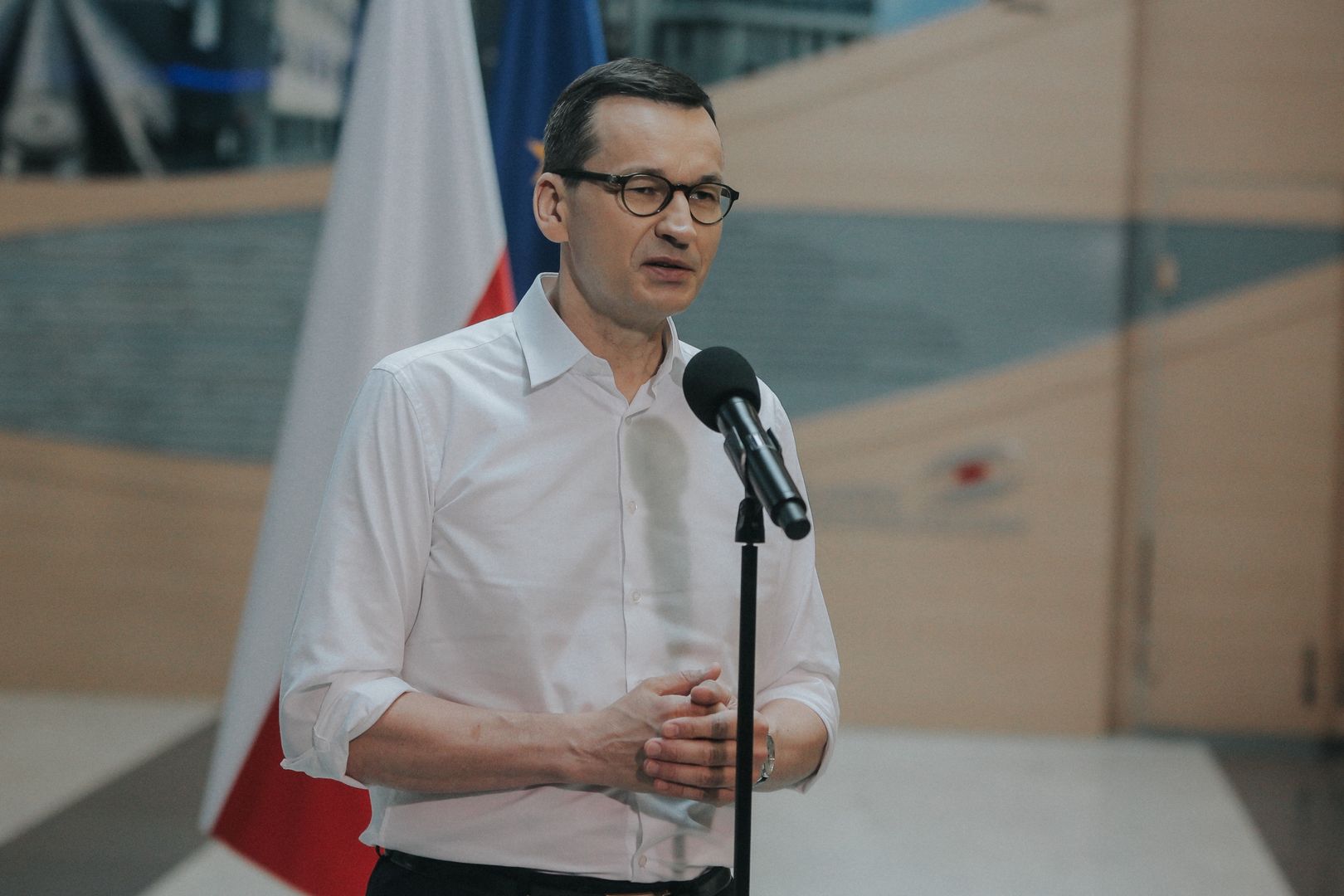 Prime Minister Mateusz Morawiecki came to Wrocaw on June 20, 2020. He visited Scanway and congratulated them on their technological development. (Photo by Krzysztof Zatycki/NurPhoto via Getty Images)