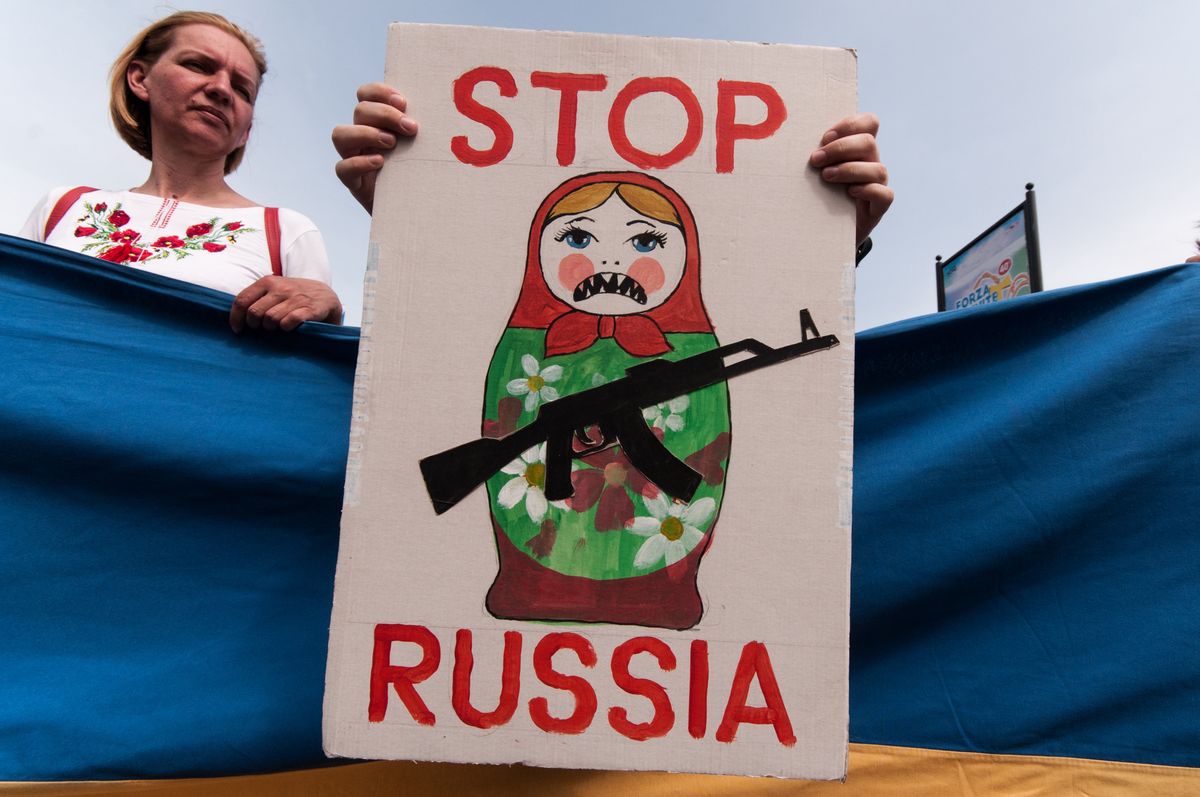 Ukrainian citizens demonstrate near the embassy of the Russian Federation against the war in Ukraine, on April 14, 2022 in Rome, Italy. (Photo by Andrea Ronchini/NurPhoto via Getty Images)