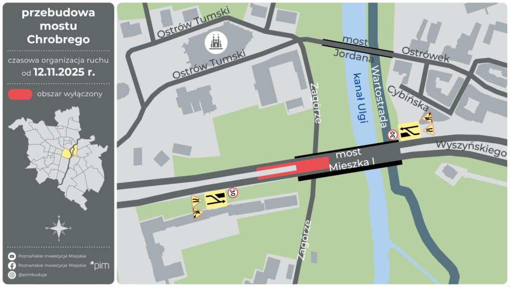 Poznań: Kolejne zmiany w organizacji ruchu na Moście Chrobrego