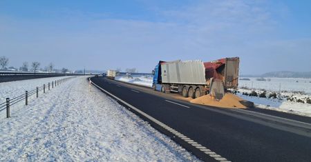 Kolizja dwóch tirów. Finał? 8 ton zboża na S7