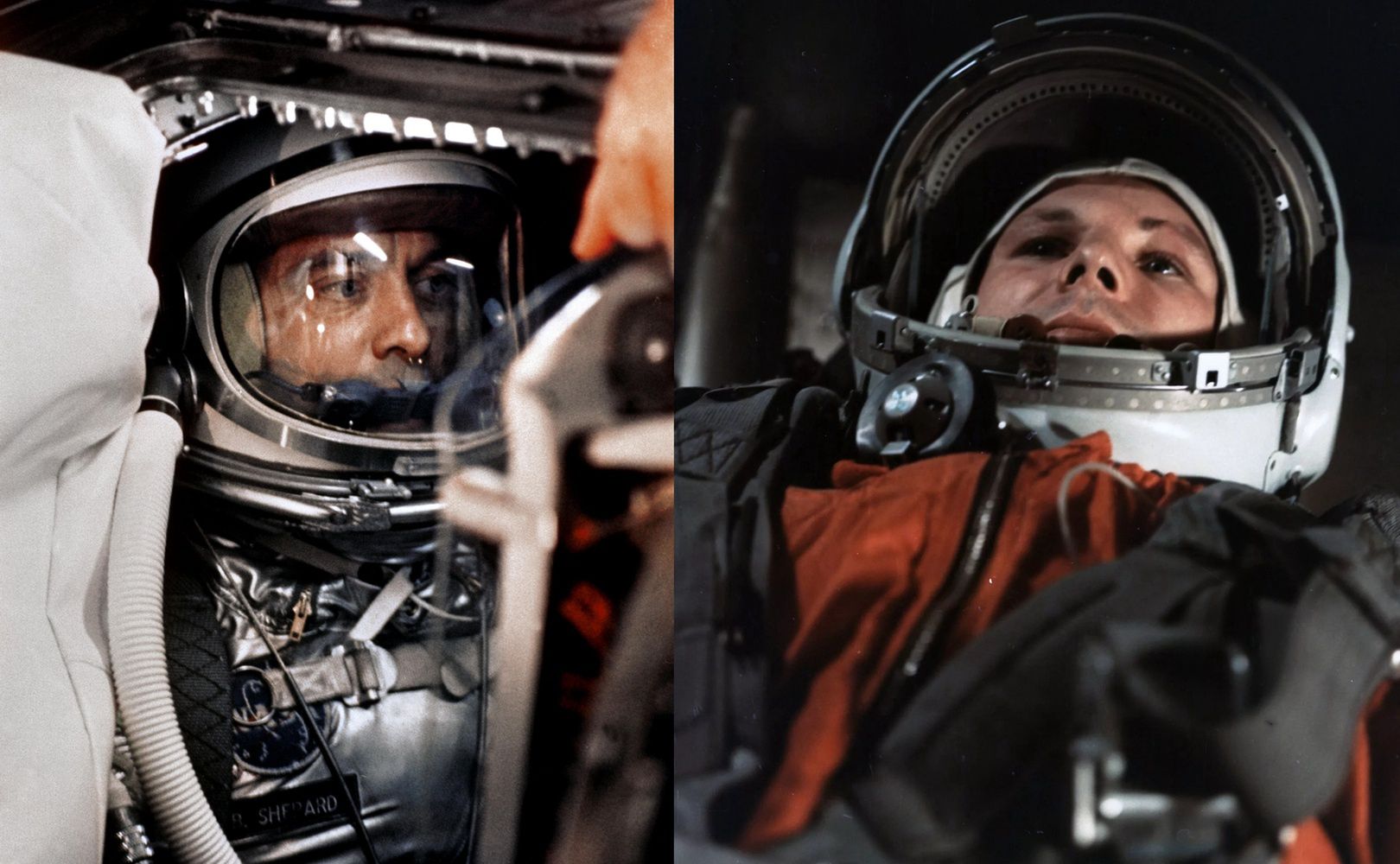 Alan Shepard i Jurij Gagarin w kapsułach przed startem w kosmos.
