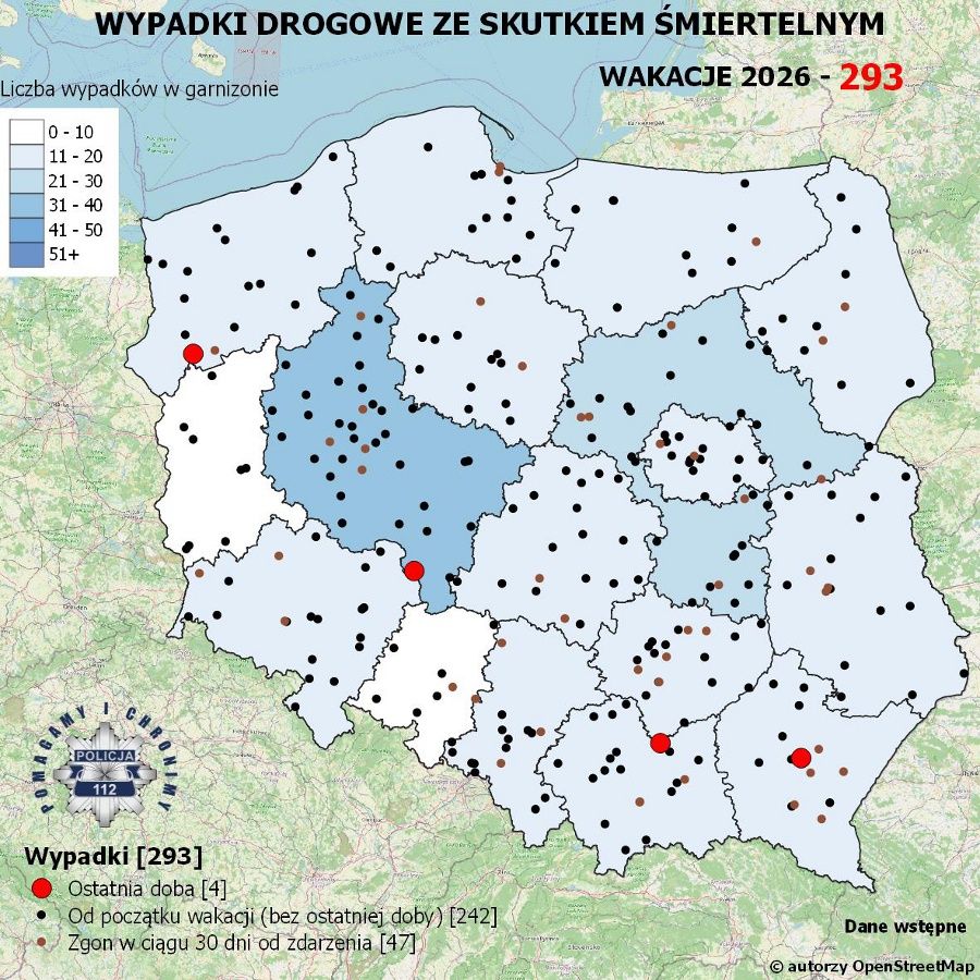 Policyjna mapa śmiertelnych wypadków drogowych - wakacje 2026
