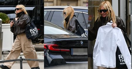 69-letnia Monika Olejnik w młodzieżowych fatałaszkach pędzi do krawca, po czym ładuje się do BMW za ponad 300 tys. zł (ZDJĘCIA)