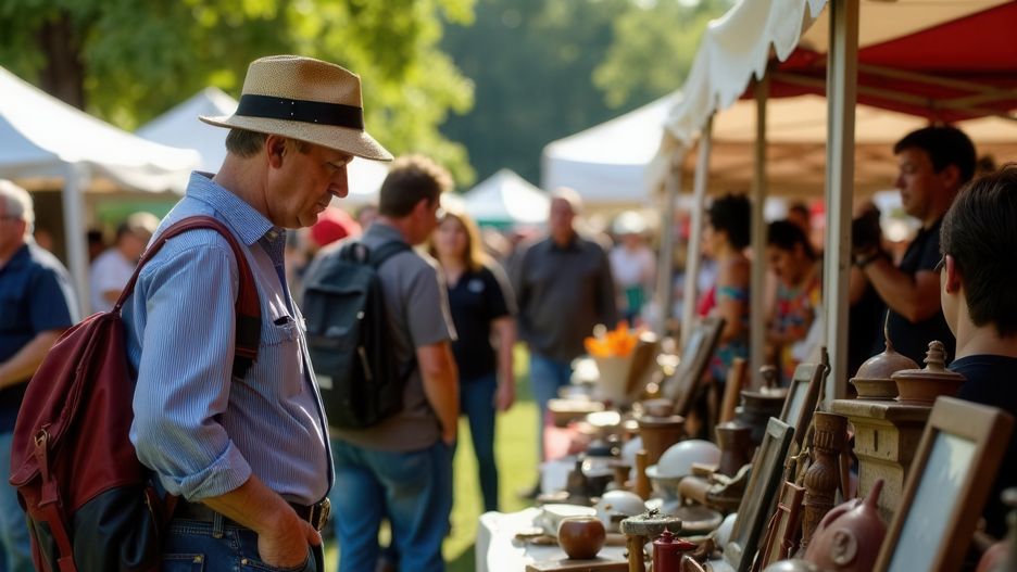 market, shopping, outdoor, festival, antique, vintage, browse, explore, buyer, vendor, stall, hat, backpack, casual, men, people, group, crowd, sunny, day, tent, booth, sale, fair, handmade, crafts, wooden, items, merchandise, display, summer, gathering, community, event, social, interaction, commerce, weekend, relaxation, leisure, vendors, discovering, walking, art, collection, unique, collectible, atmosphere, quaint