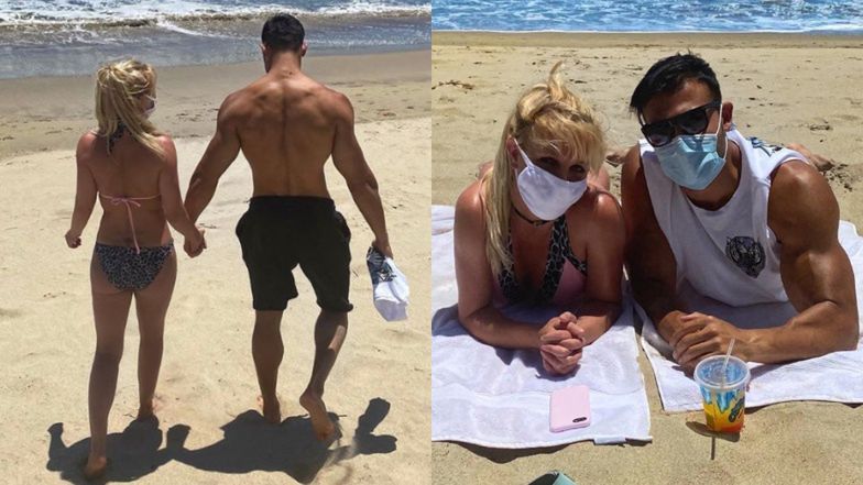 Zamaseczkowana Britney Spears wygrzewa się na plaży z chłopakiem (FOTO)