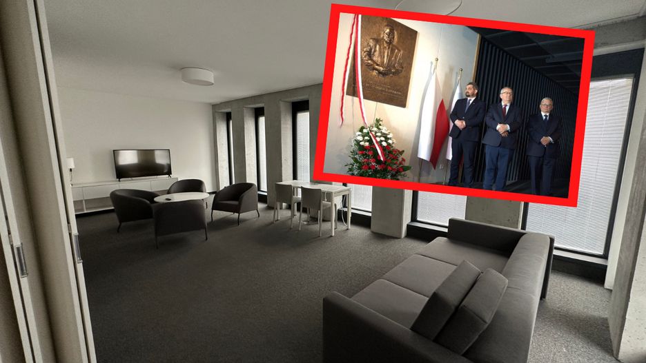 Odsłonięcie tablicy poświęconej Lechowi Kaczyńskiemu w budynku TDT, w którym znajdują się "tajne mieszkania"