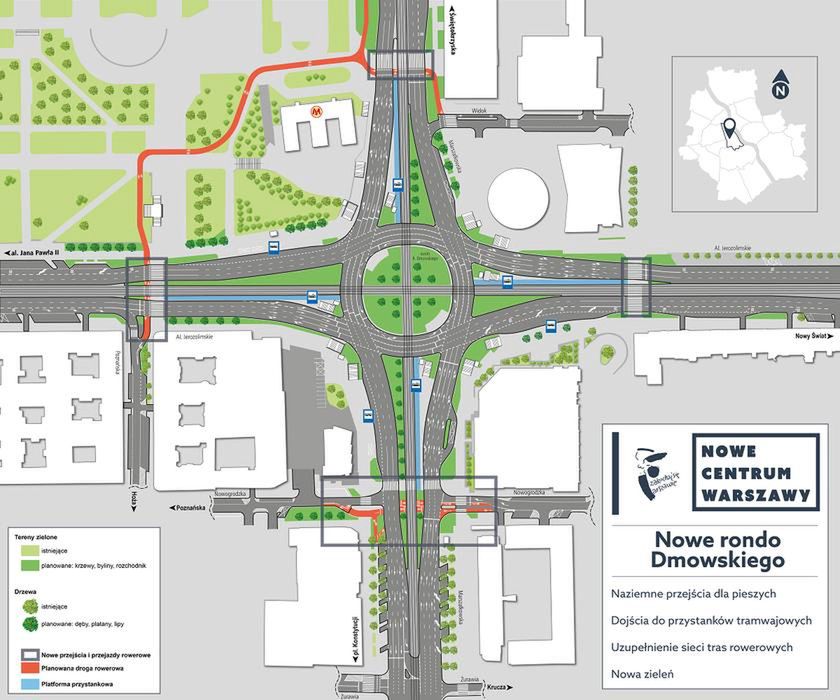 Warszawa. Od poniedziałku zmieni się organizacja ruchu w okolicach ronda Dmowskiego. Za to na przełomie roku piesi dostaną nowe naziemne przejścia, rowerzyści trasy dla jednośladów, a pasażerowie komunikacji miejskiej wygodniejsze przystanki. No i pojawi się dużo, dużo więcej zieleni
