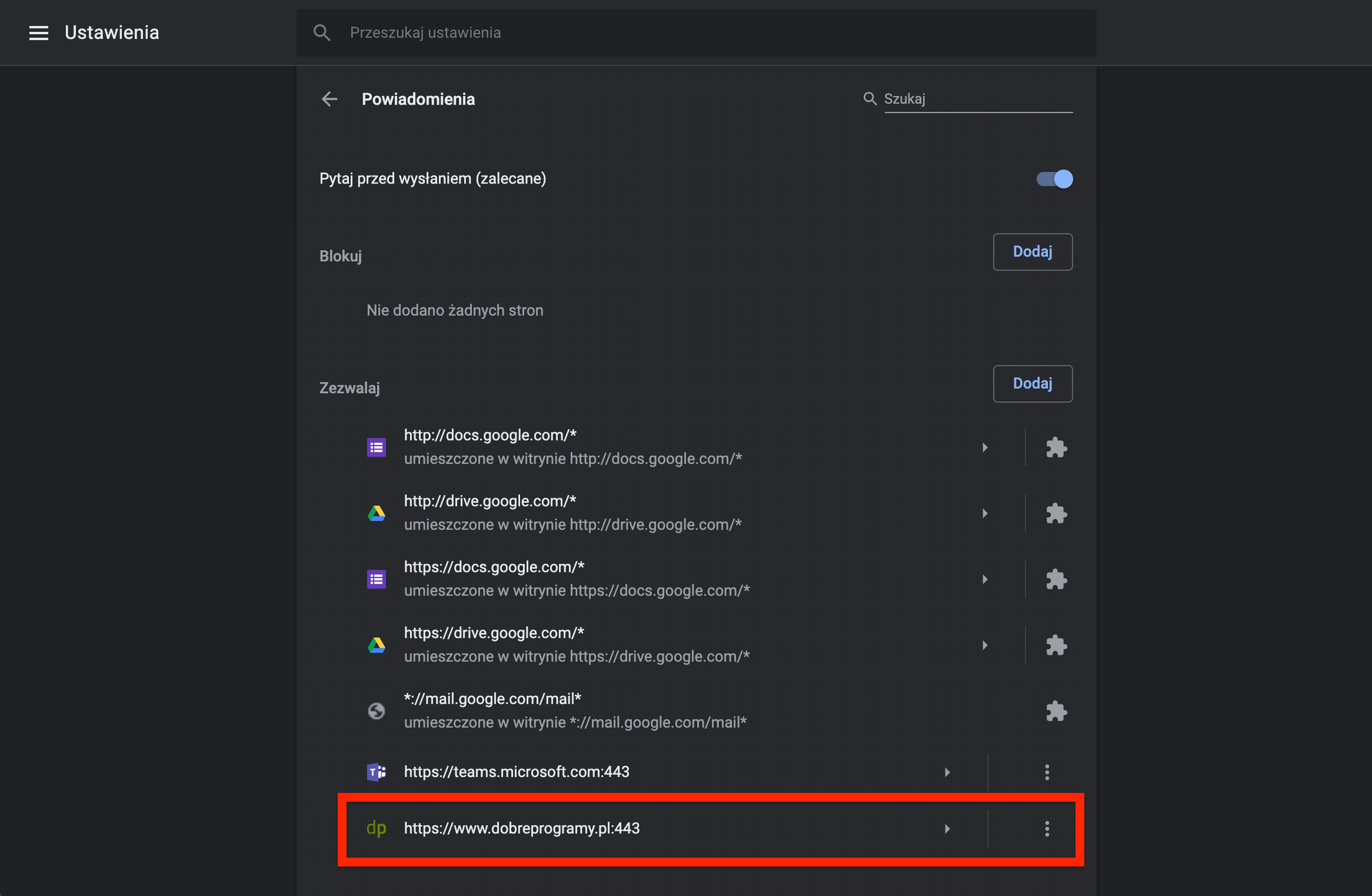 Lista stron, które mogą wysyłać powiadomienia push, Google Chrome