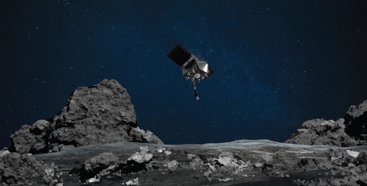 NASA "wciągnie w przelocie" skały z planetoidy Bennu - Wizualizacja momentu pobrania próbek skał z powierzhni Bennu Dostawca: PAP/EPA.