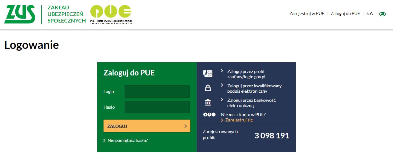 Logowanie do Platformy Usług Elektronicznych, źródło: ZUS.