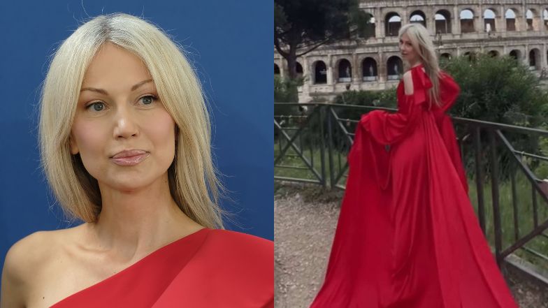 Magdalena Ogórek zamiata rzymskie ulice w czerwonej sukni