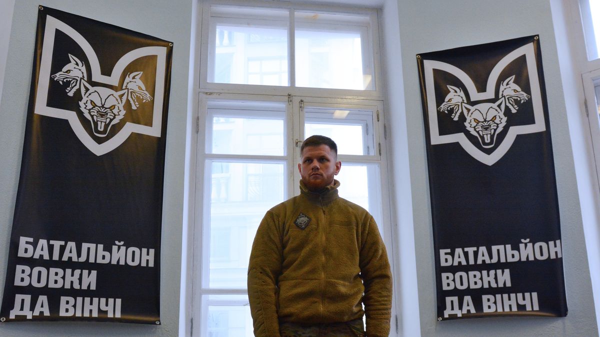KYIV, UKRAINE - 2024/02/10: Serhiy Filimonov (call sign Filya) an officer of the Armed Forces of Ukraine is a commander of the "Da Vinci Wolves" battalion and is seen during the opening of the recruiting center for the recruitment of volunteers. Fighters of the "Da Vinci Wolves" battalion announced the opening of a recruiting center for the recruitment of fighters to resist Russia's military aggression in Kyiv. (Photo by Aleksandr Gusev/SOPA Images/LightRocket via Getty Images)
