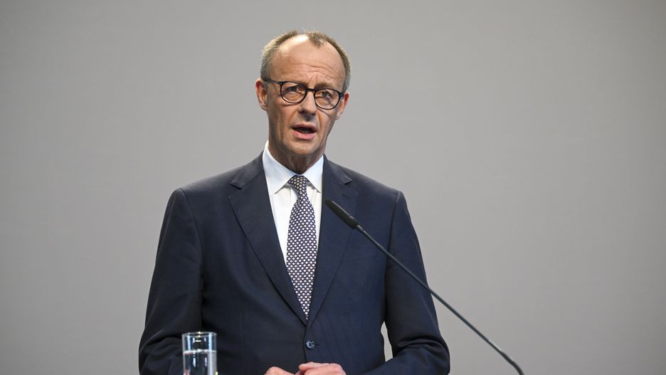 BERLIN, GERMANY - APRIL 9: Friedrich Merz (seen), leader of the Christian Democratic Union (CDU), Markus Soder, leader of the Christian Social Union (CSU), Lars Klingbeil and Saskia Esken, co-chairs of the Social Democratic Party (SPD), gather for a press conference at the Paul Lobe Building in Berlin, Germany on April 9, 2025. The leaders presented the coalition protocol following their agreement to form a new government. Germany's center-right CDU/CSU alliance and the Social Democrats have reached an agreement to form a coalition government, public broadcaster ARD reported on Wednesday. (Photo by Halil Sagirkaya/Anadolu via Getty Images)