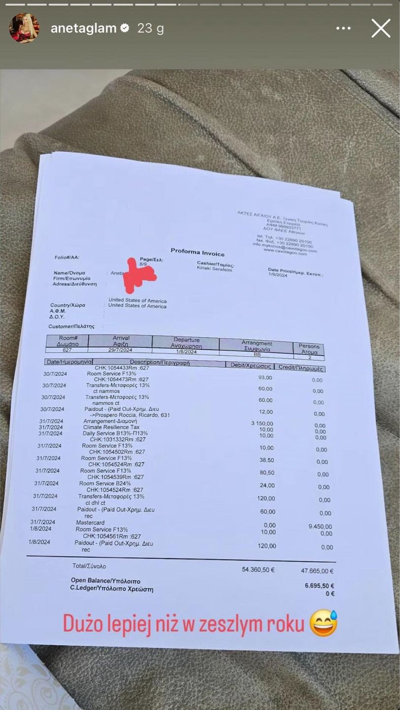 Aneta Glam pokazała paragon z hotelu. Szok, ile zapłaciła za pobyt na Mykonos