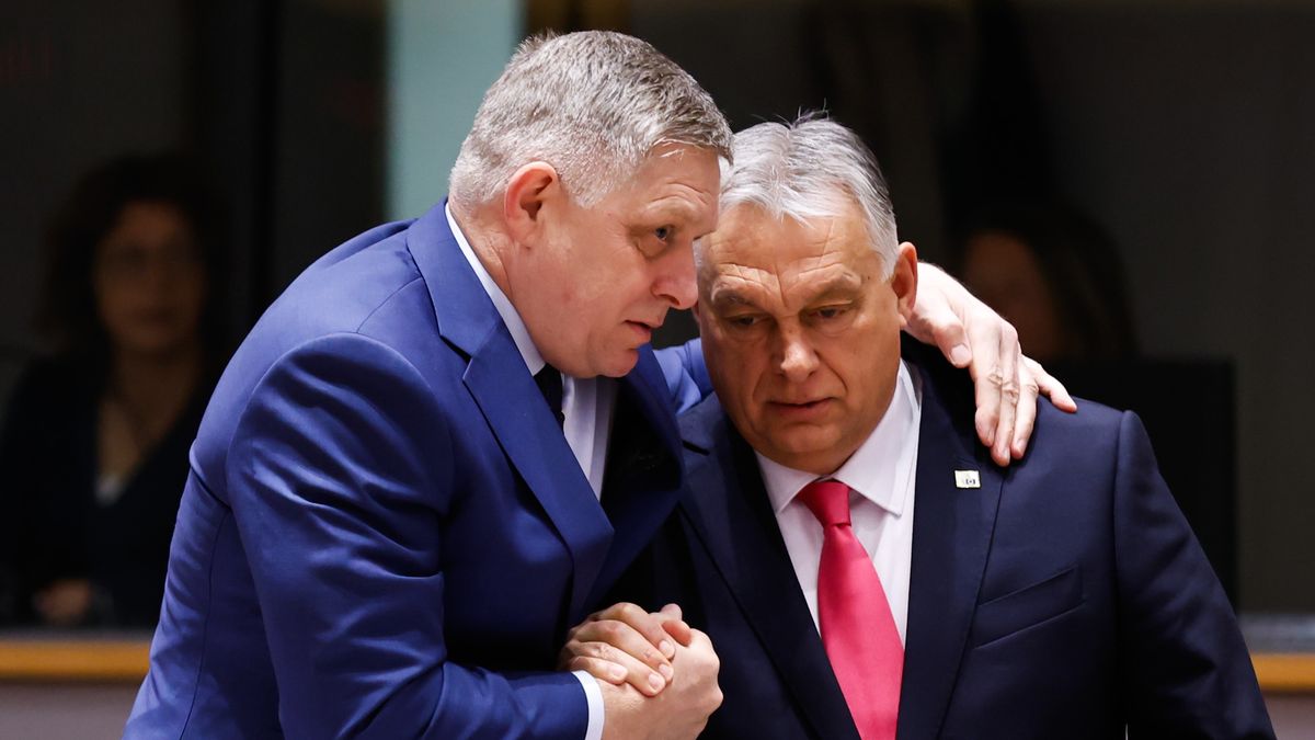 Robert Fico, Slovakia's prime minister, left, and Viktor Orban, Hungary's prime minister, at a European Council meeting in Brussels, Belgium, on Thursday, March 20, 2025. While the EU has publicly welcomed US efforts to push for a peace deal, leaders have become increasingly alarmed about being kept out of Trump's dealing with the Kremlin. Photographer: Simon Wohlfahrt/Bloomberg via Getty Images