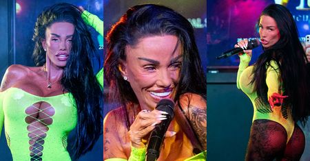 TEGO NIE ODZOBACZYCIE! Katie Price PARADUJE w neonowym body i pali e-papierosa podczas występu na scenie (ZDJĘCIA)