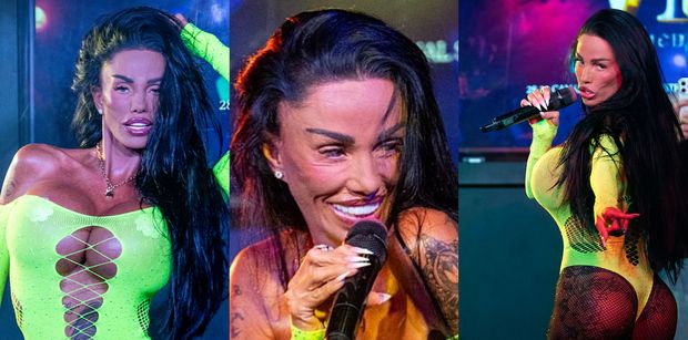 TEGO NIE ODZOBACZYCIE! Katie Price PARADUJE w neonowym body i pali e-papierosa podczas występu na scenie (ZDJĘCIA)