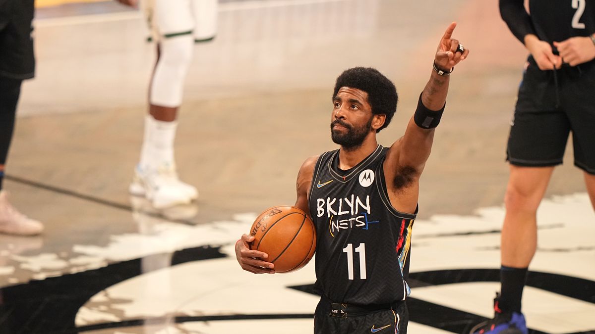Brooklyn Nets vs Milwaukee Bucks, 2021 NBA Eastern Conference SemifinalsBasketball: NBA Playoffs: Brooklyn Nets Kyrie Irving (11) victorious during game vs Milwaukee Bucks at Barclays Center. Game 2. Brooklyn, NY 6/7/2021 CREDIT: Erick W. Rasco (Photo by Erick W. Rasco/Sports Illustrated via Getty Images) (Set Number: X163652 TK1)Erick W. Rascodsc07209.jpg, staff