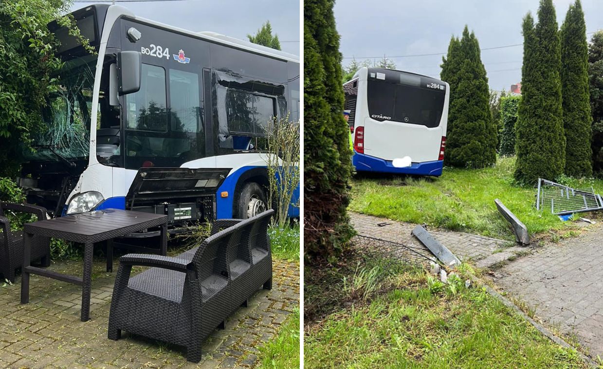 Autobus przebił się przez ogrodzenie i wjechał na posesję