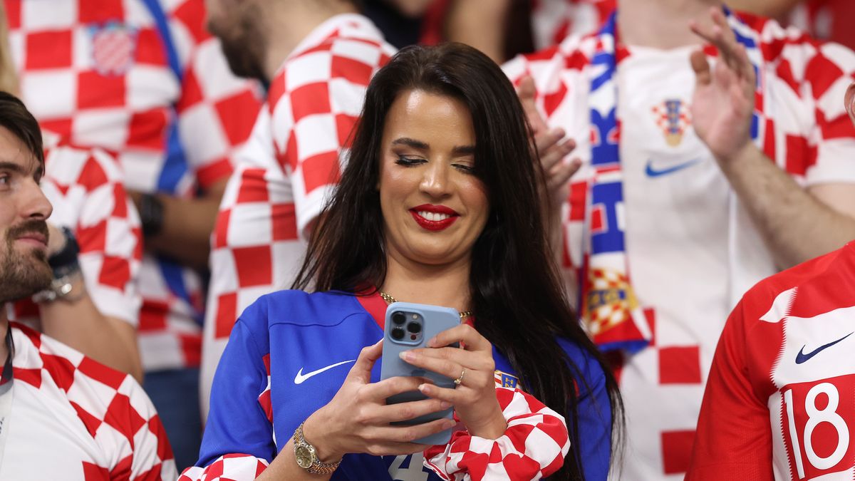 DOHA, QATAR - DECEMBER 17: Former Miss Croatia, Ivana Knoll celebrates the team's 2-1 victory in the FIFA World Cup Qatar 2022 3rd Place match between Croatia and Morocco at Khalifa International Stadium on December 17, 2022 in Doha, Qatar. (Photo by Catherine Ivill/Getty Images)