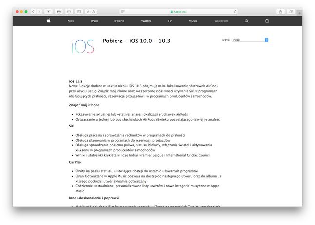 Spis zmian w kolejnych wersjach systemu iOS na Apple.com