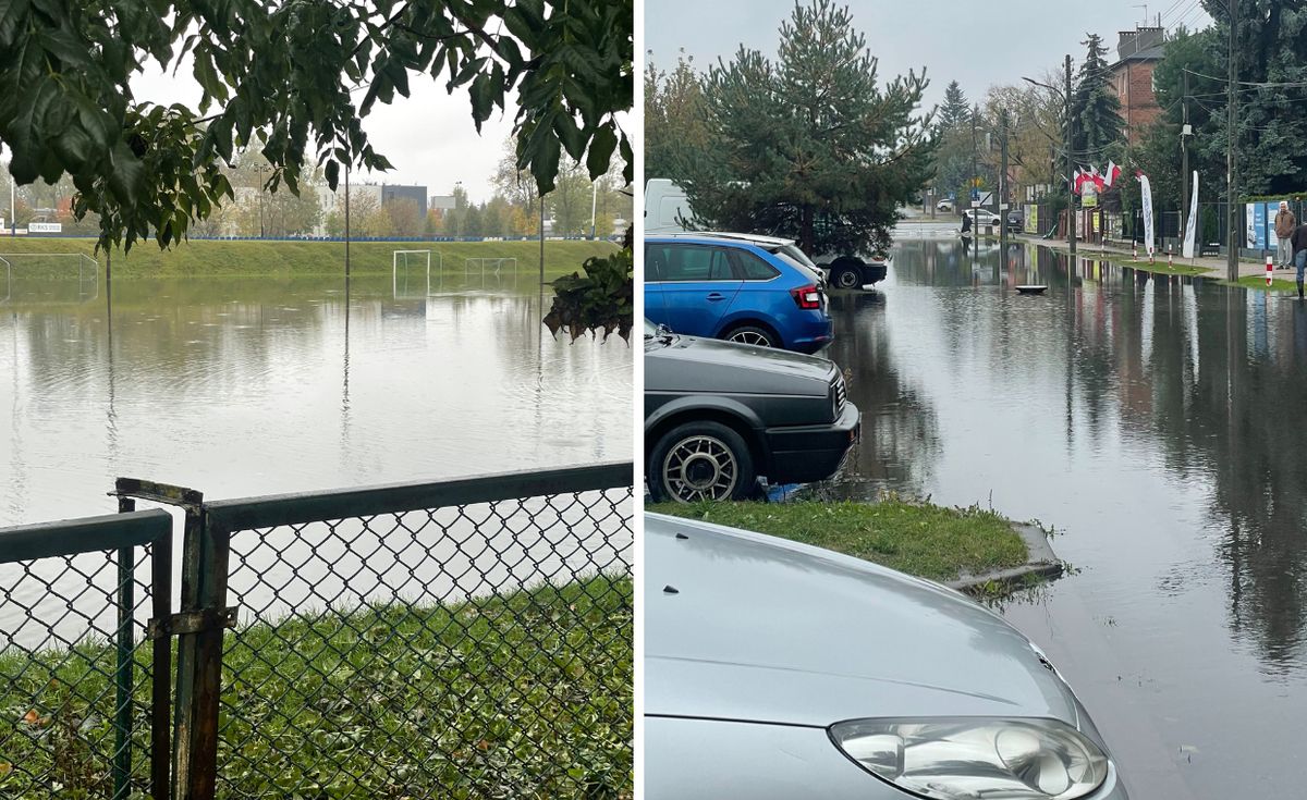 Zalane boiska i ulice obok Okęcia