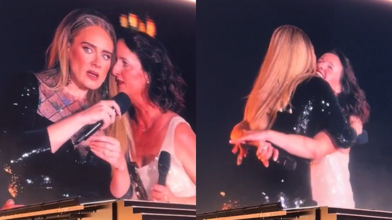 A fan of Adele ran onto the stage during the concert.