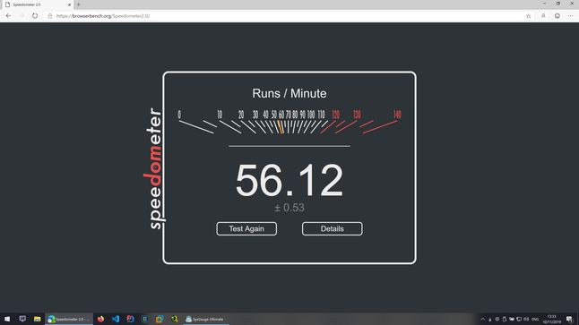 Microsoft Edge Dev - Speedometer - Wynik: 56.12