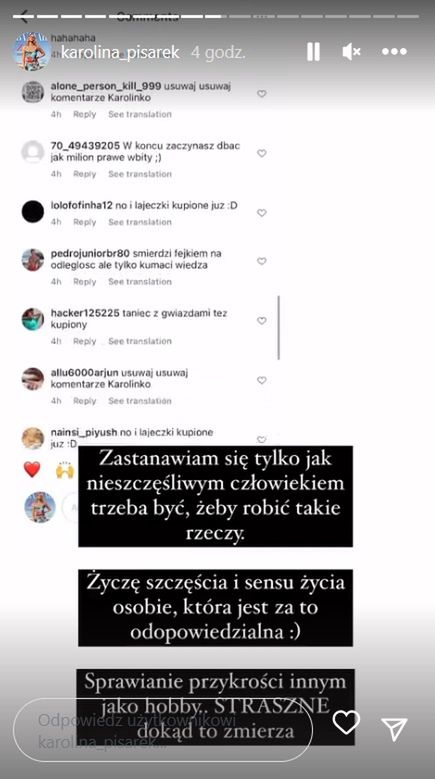 Karolina Pisarek pokazuje negatywne komentarze "botów"