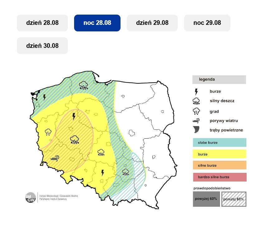Również IMGW ostrzega przed burzami  nocą z 28 na 29 sierpnia