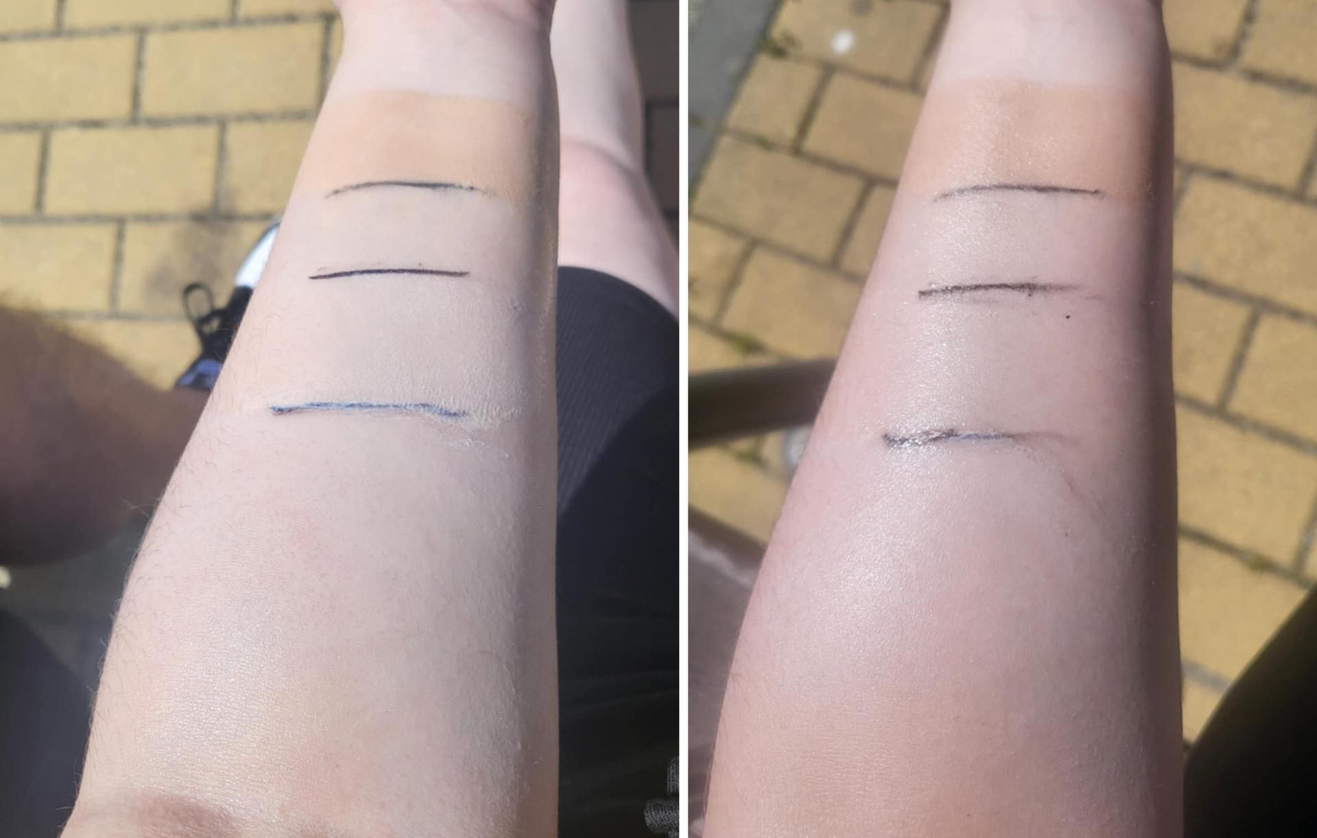 Po lewej: tuż po rozsmarowaniu kremów, po prawej: po 20 minutach.