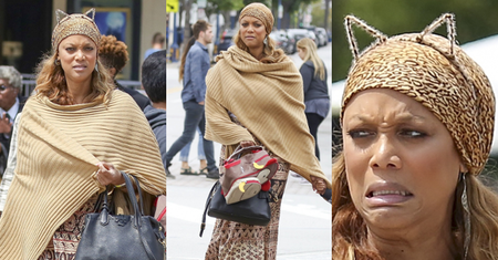 Oryginalnie wystylizowana Tyra Banks stroi dziwne miny na spacerze z synkiem