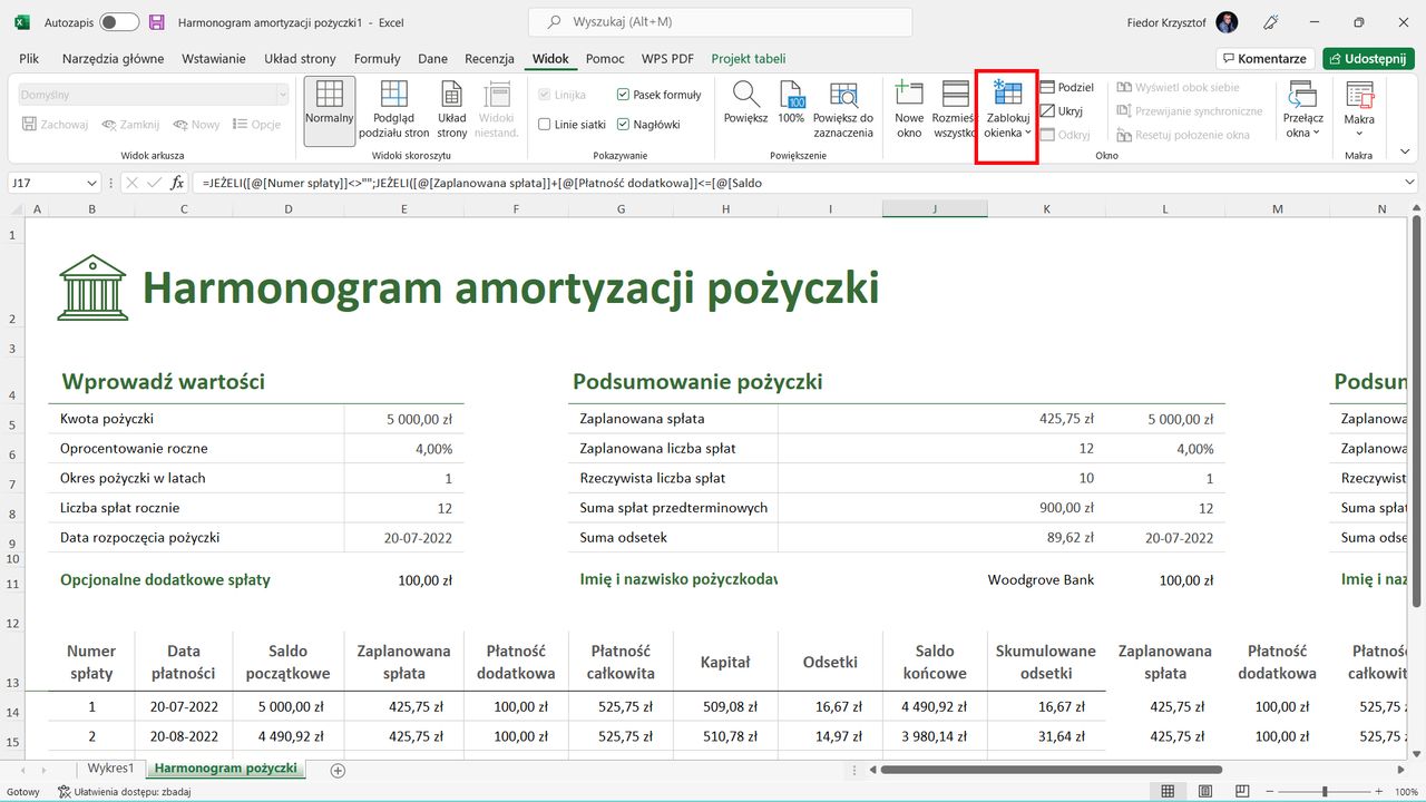 Excel: menu Zablokuj okienka