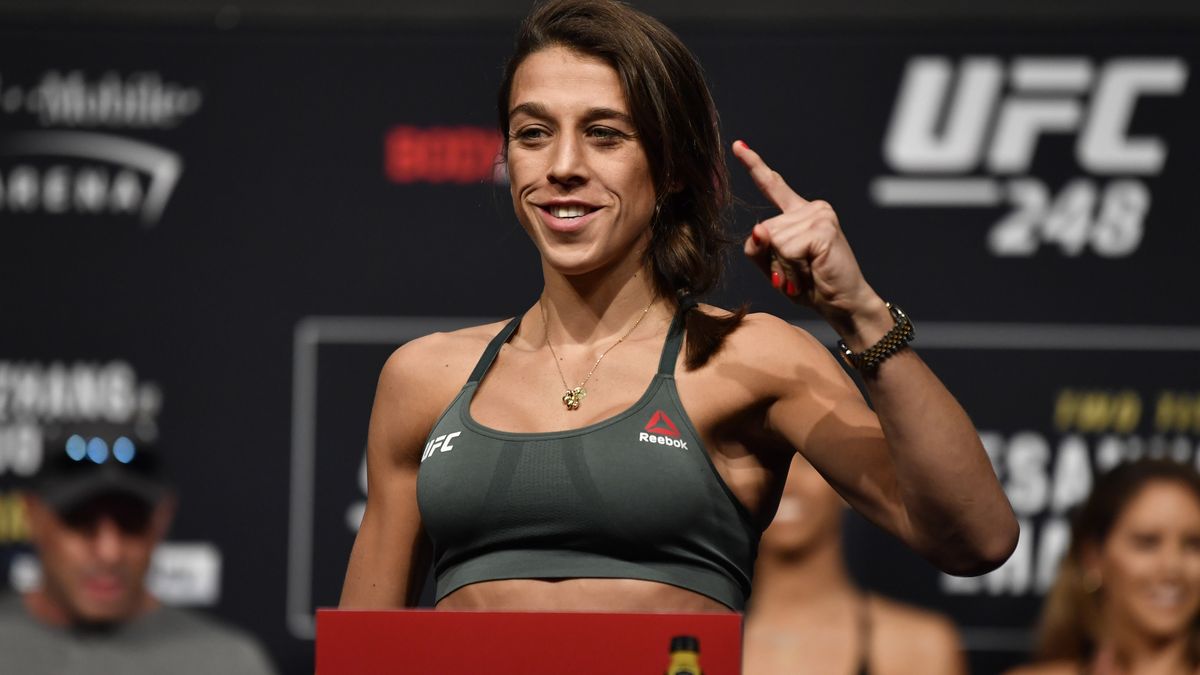 LAS VEGAS, NEVADA - MARCH 06: Joanna Jedrzejczyk of Poland poses on the scale during the UFC 248 weigh-in at T-Mobile Arena on March 06, 2020 in Las Vegas, Nevada. (Photo by Jeff Bottari/Zuffa LLC)