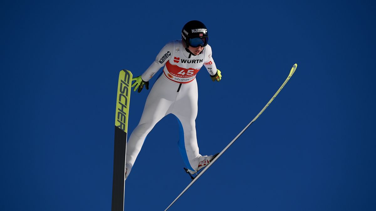 OBERSTDORF, GERMANY - MARCH 02: Maren Lundby of Norway jumps during the Women's Ski Jumping HS137 Individual training session at the FIS Nordic World Ski Championships Oberstdorf on March 02, 2021 in Oberstdorf, Germany. (Photo by Matthias Hangst/Getty Images)