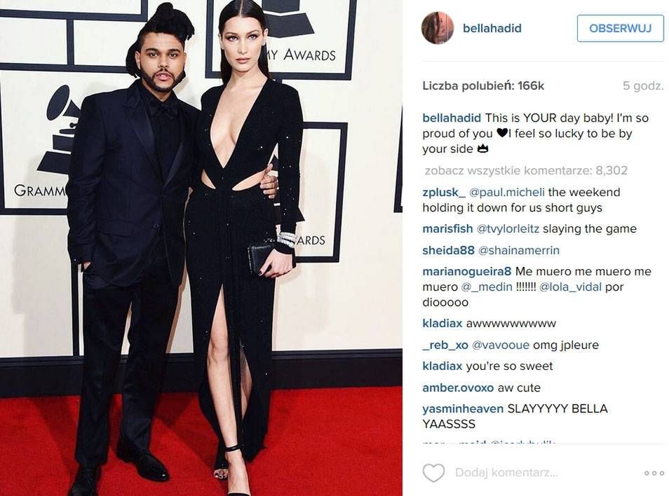 The Weeknd i Bella Hadid razem na gali Grammy 2016 (fot. Instagram)