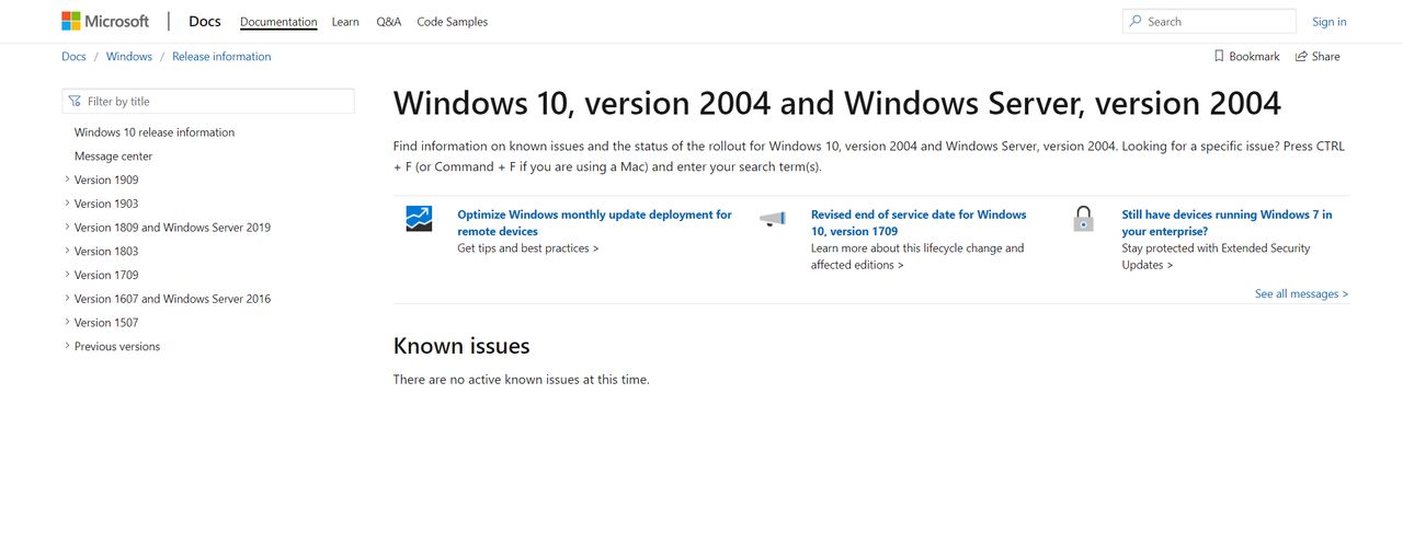 Pierwsze informacje o Windows 10 20H1 są już dostępne w dokumentacji na stronach Microsoftu, źródło: docs.microsoft.com