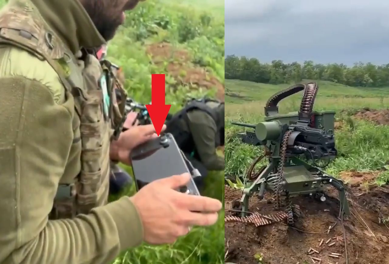 A Ukrainian soldier remotely controlling a turret using a Steamdeck.