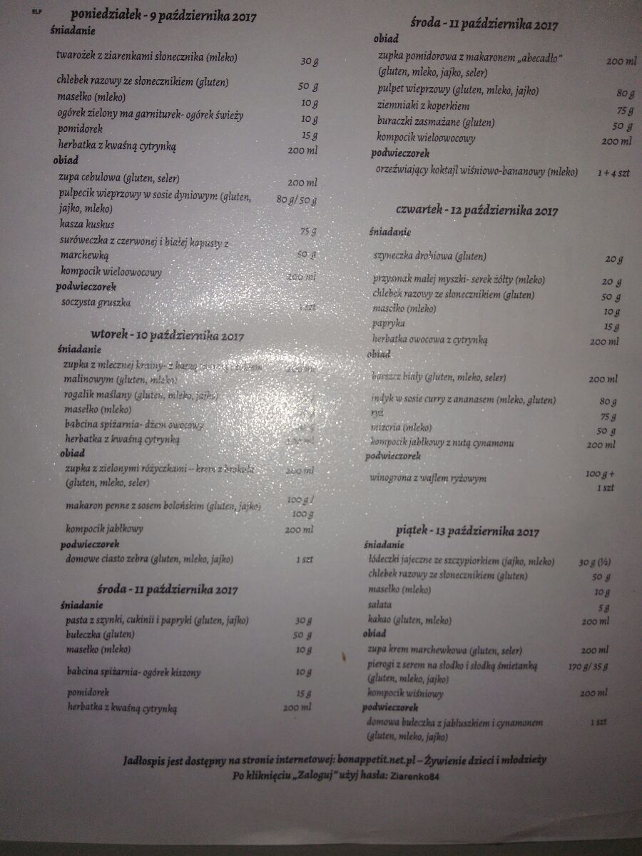 Jadłospis w żłobku