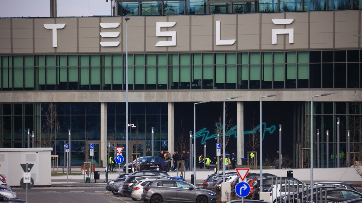 The Tesla Inc. Gigafactory in Gruenheide, Germany, on Tuesday, March 5, 2024. Tesla halted production at its factory outside of Berlin and sent workers home after suspected arson at a nearby high-voltage pylon caused power failures throughout the region. Photographer: Krisztian Bocsi/Bloomberg via Getty Images