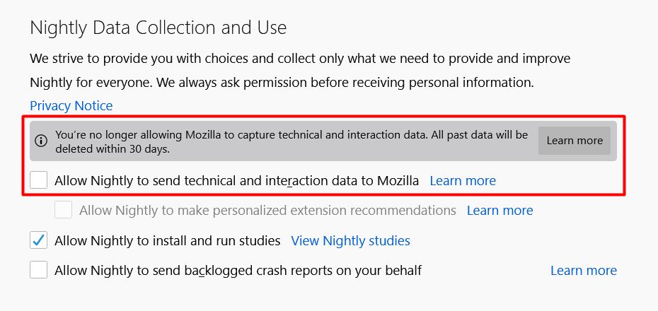 Opisywana opcja usuwania danych telemetrycznych w Firefoksie Nightly.