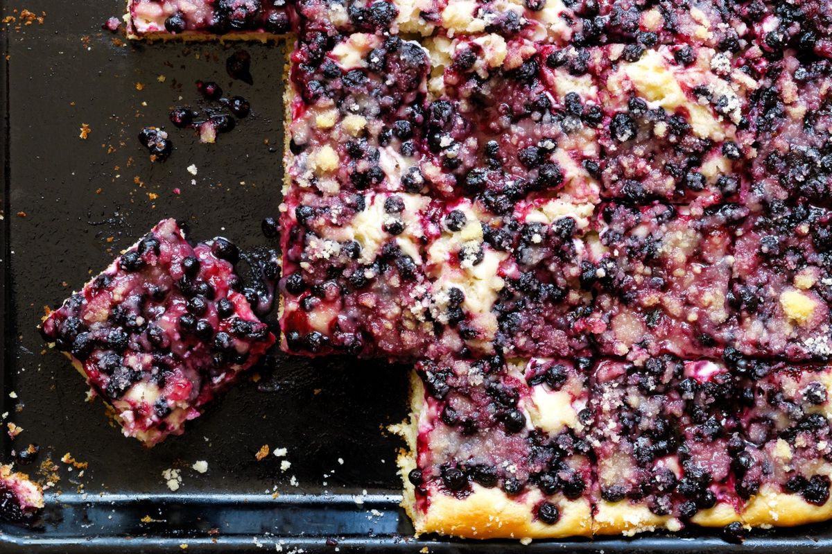 Homemade yeast cake with blueberries and crumble