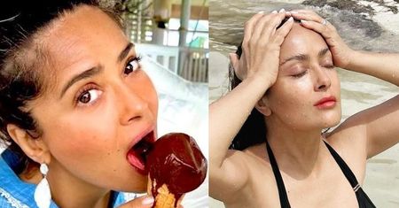Salma Hayek medytuje na piasku, prezentując ZJAWISKOWĄ FIGURĘ w bikini (FOTO)